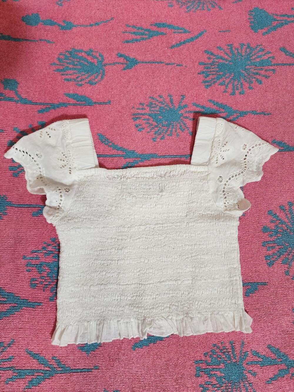 Katie J Nyc Womens Small Square Neck Boxy Top White Smocked Cropped Shirt